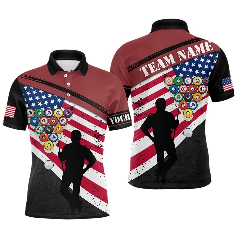 Custom Black Red American Flag Billiard 3D Printed Polo Shirts Custom Pool Player Shirts, Personalized Billiard Polo Shirt