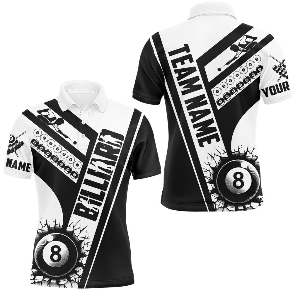 Custom Black White Cracky Billiard 8 Ball Pool Polo Shirts, Unique Pool Balls Shirts For Team, Personalized Billiard Polo Shirt