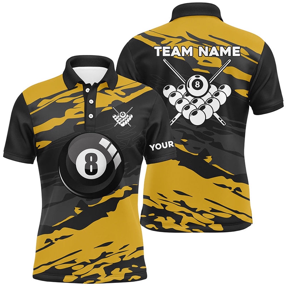 Custom Black Yellow Camouflage Billiard Polo Shirts Best 8 Ball Billiard Pool Shirts, Personalized Billiard Polo Shirt