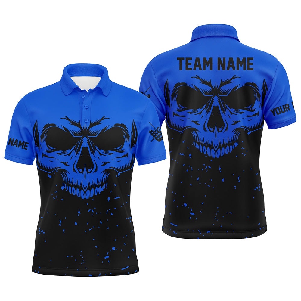 Custom Grunge Black Blue Skull 8 Ball Billiards Apparel Clothing, Personalized Billiard Polo Shirt