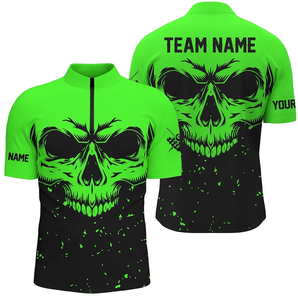 Custom Grunge Black Green Skull 8 Ball Billiards Apparel Clothing, Personalized Billiard Team Jersey Shirt