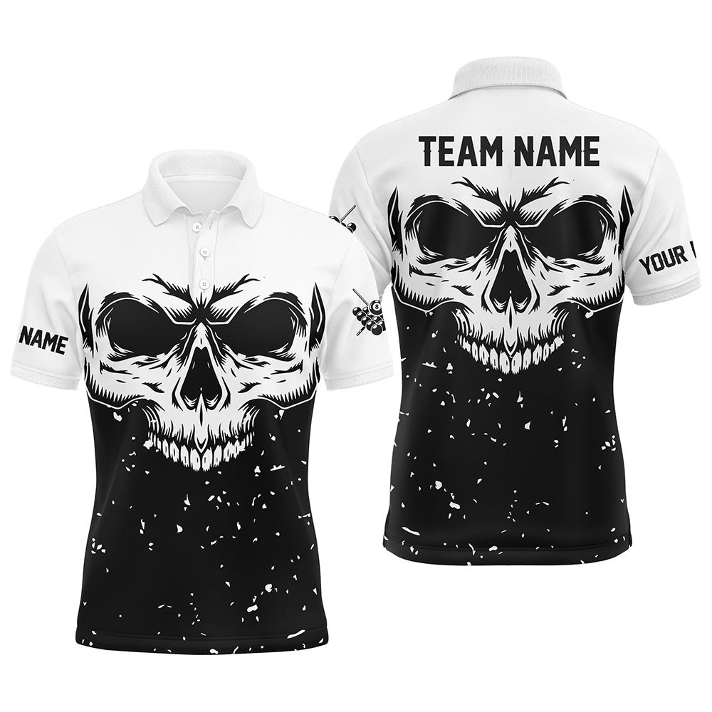 Custom Grunge Black White Skull 8 Ball Billiards Apparel Clothing, Personalized Billiard Polo Shirt
