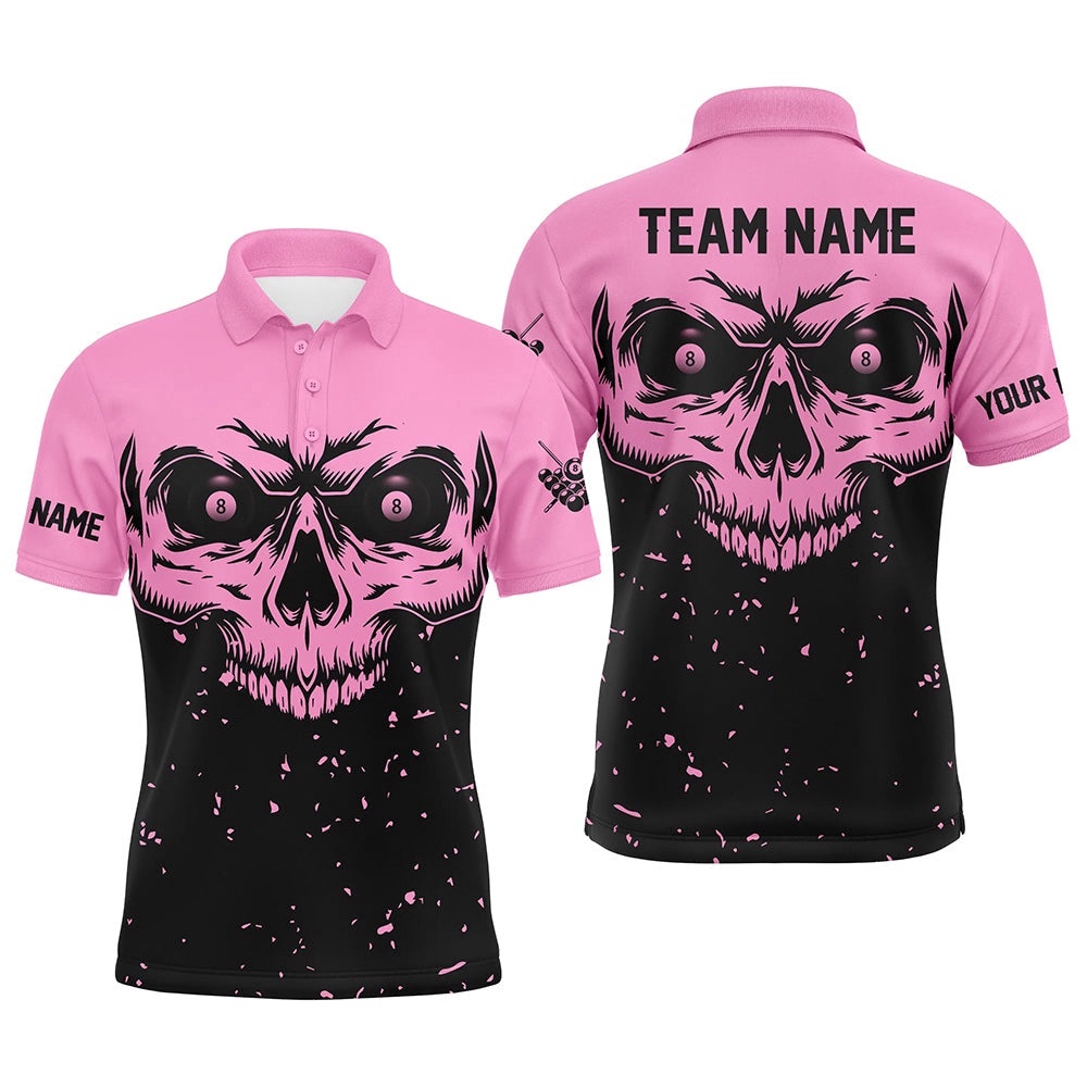 Custom Grunge Pink Black Skull Billiard Polo Shirts, 8 Ball Billiards Apparel Clothing, Personalized Billiard Polo Shirt