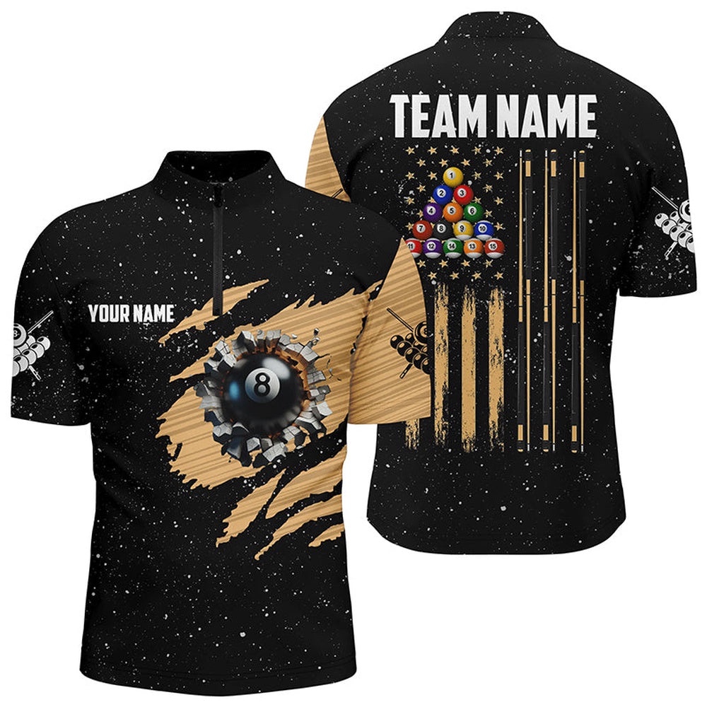 Custom Grunge Us Flag 8 Ball Patriotic Pool Player Shirts, Personalized Billiard Team Jersey Shirt