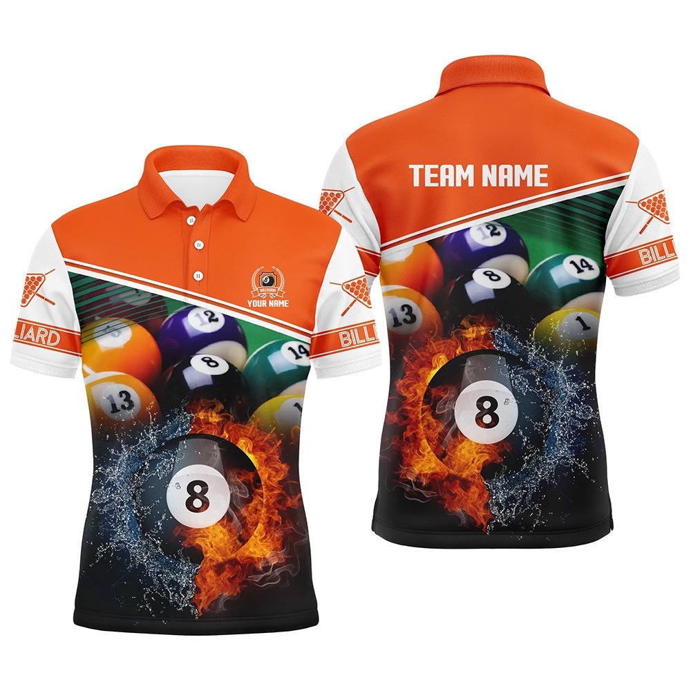 Custom Name Billiard 8 Ball In Fire And Water 3D Orange Polo Shirts, Gifts For Billiard Player, Personalized Billiard Polo Shirt