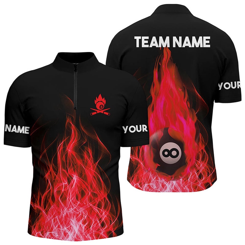 Custom Name Red Flaming Billiard 3D Jersey Shirts Custom Billiard 8 Ball For Team, Personalized Billiard Team Jersey Shirt