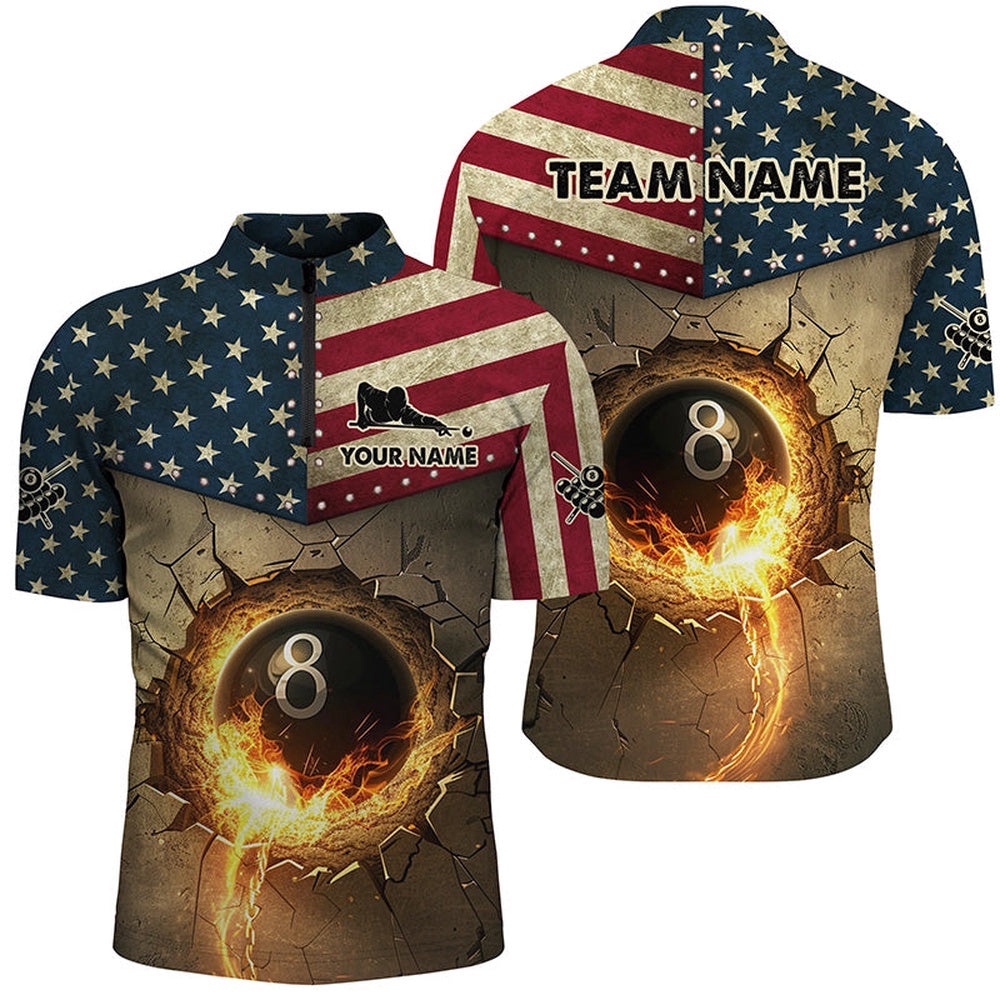 Custom Vintage US Flag 8 Ball Pool Burning Billiard Shirts, Billiard Father’s Day Gifts Best, Personalized Billiard Team Jersey Shirt