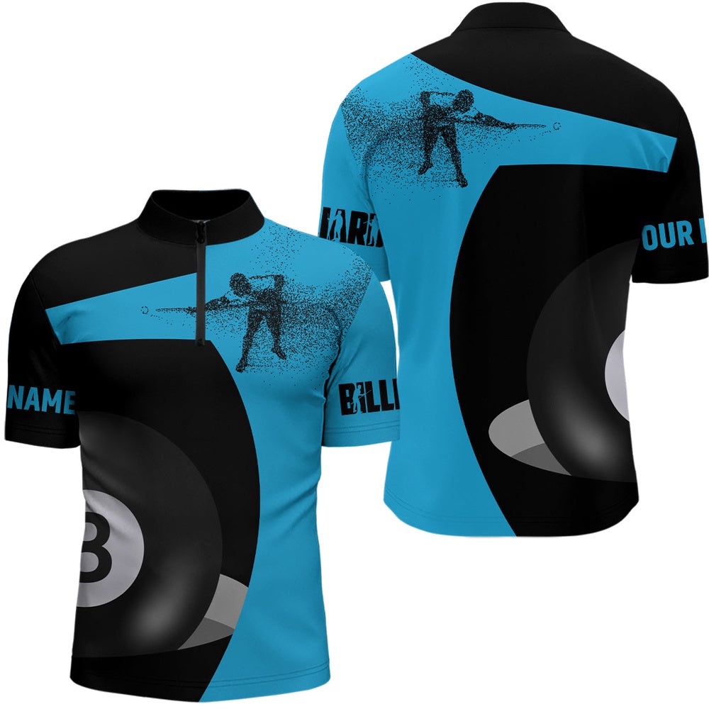 Customized 3D Funny Billiard Player 8 Ball Pool Blue Black Jersey Shirts, Personalized Billiard Team Jersey Shirt