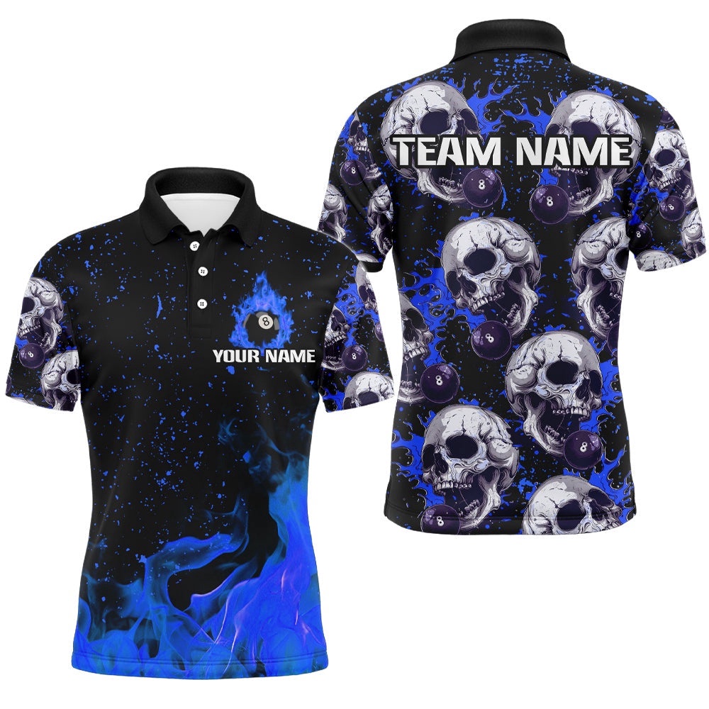 Customized Blue Billiard Skull Fire 8 Ball Polo & Polo Shirts, Grunge Pool Team Polo, Personalized Billiard Polo Shirt