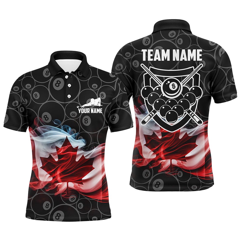Customized Canadian Flag Smoke 8 Ball Pool Pattern Billiard 3D Polo Shirts, Personalized Billiard Polo Shirt