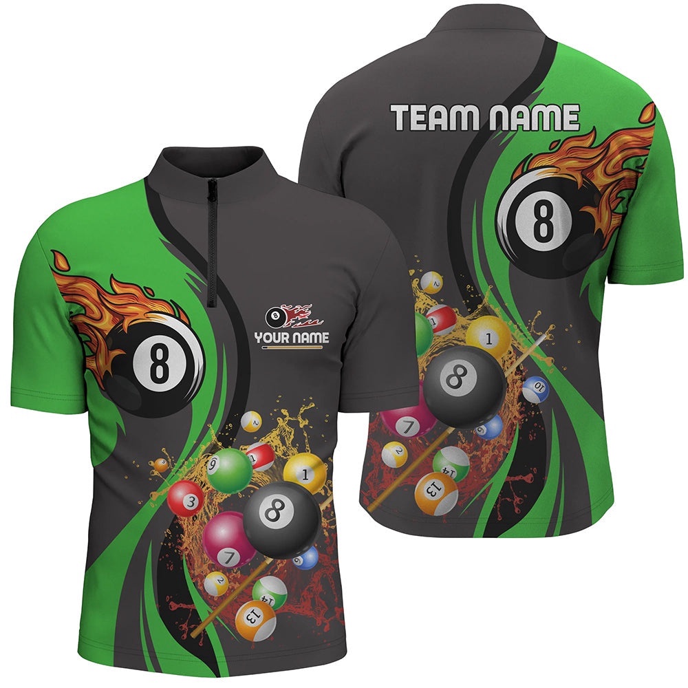 Customized Fire And Water 8 Ball Pool Billiard Balls Green Jersey Shirts, Personalized Billiard Team Jersey Shirt