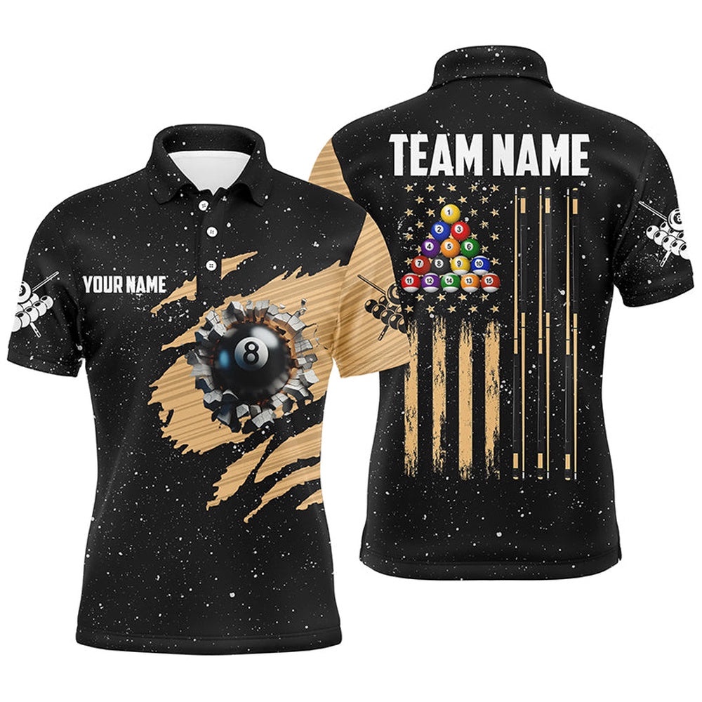 Customized Grunge American Flag 8 Ball Pool Patriotic Pool Player Shirts, Personalized Billiard Polo Shirt