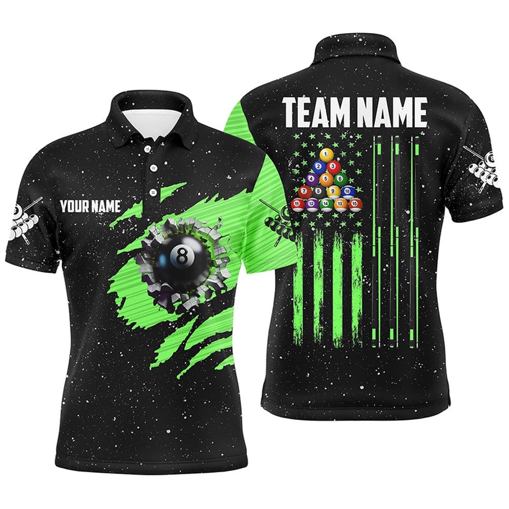 Customized Grunge American Flag 8 Ball Pool Pool Player Shirts Green, Personalized Billiard Polo Shirt