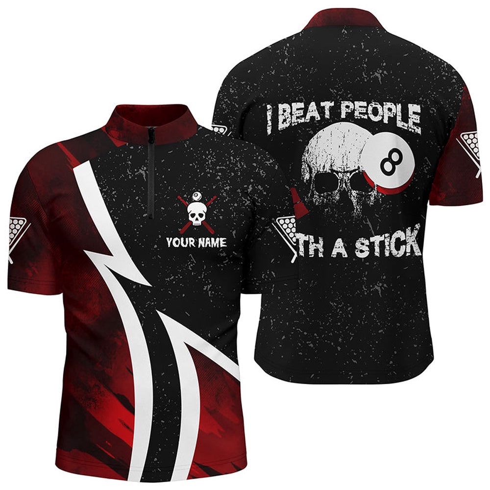 Customized I Beat People With A Stick Skull 8 Ball Billiards Team Shirts, Personalized Billiard Team Jersey Shirt