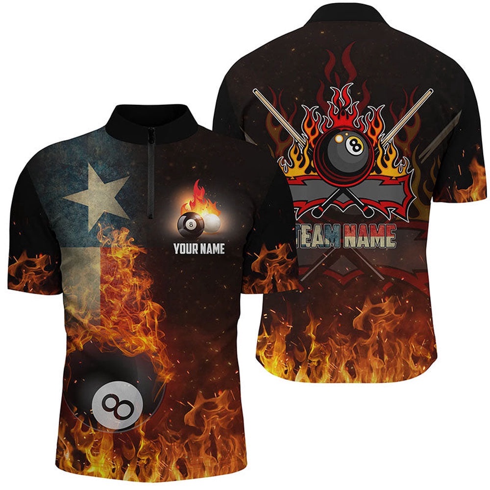 Customized Texas Flag 8 Ball Pool On Fire 3D Billiards Team Shirts, Personalized Billiard Team Jersey Shirt
