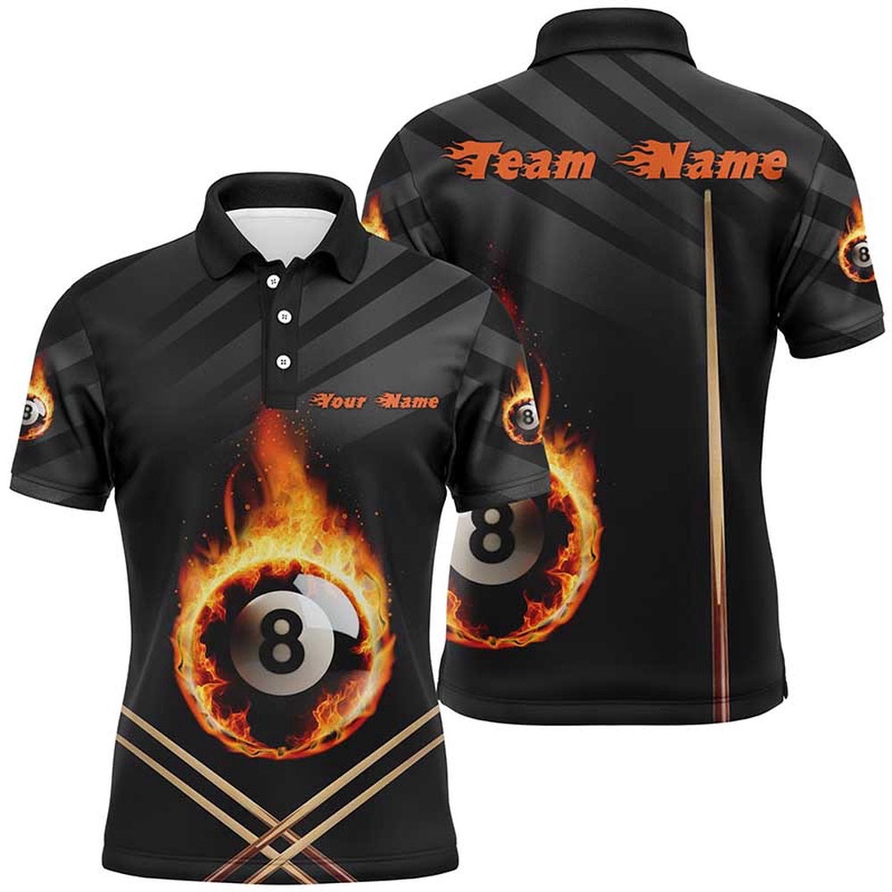 Fire 8 Ball Billiard 3D Polo Shirts, Custom Name 8 Ball Pool Team Polo, Personalized Billiard Polo Shirt