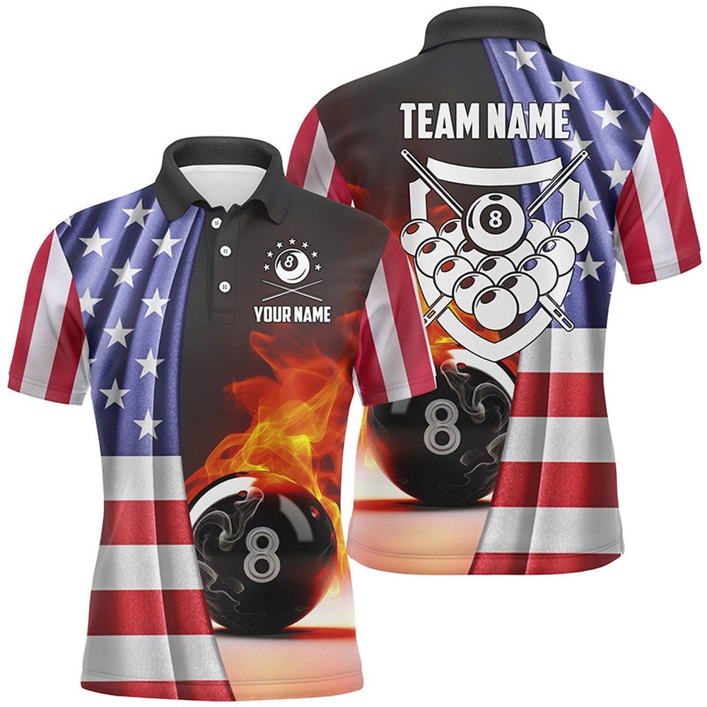 Fire 8 Ball Pool Billiard 3D Polo Shirts, Custom US Flag Billiards Polo, Personalized Billiard Polo Shirt