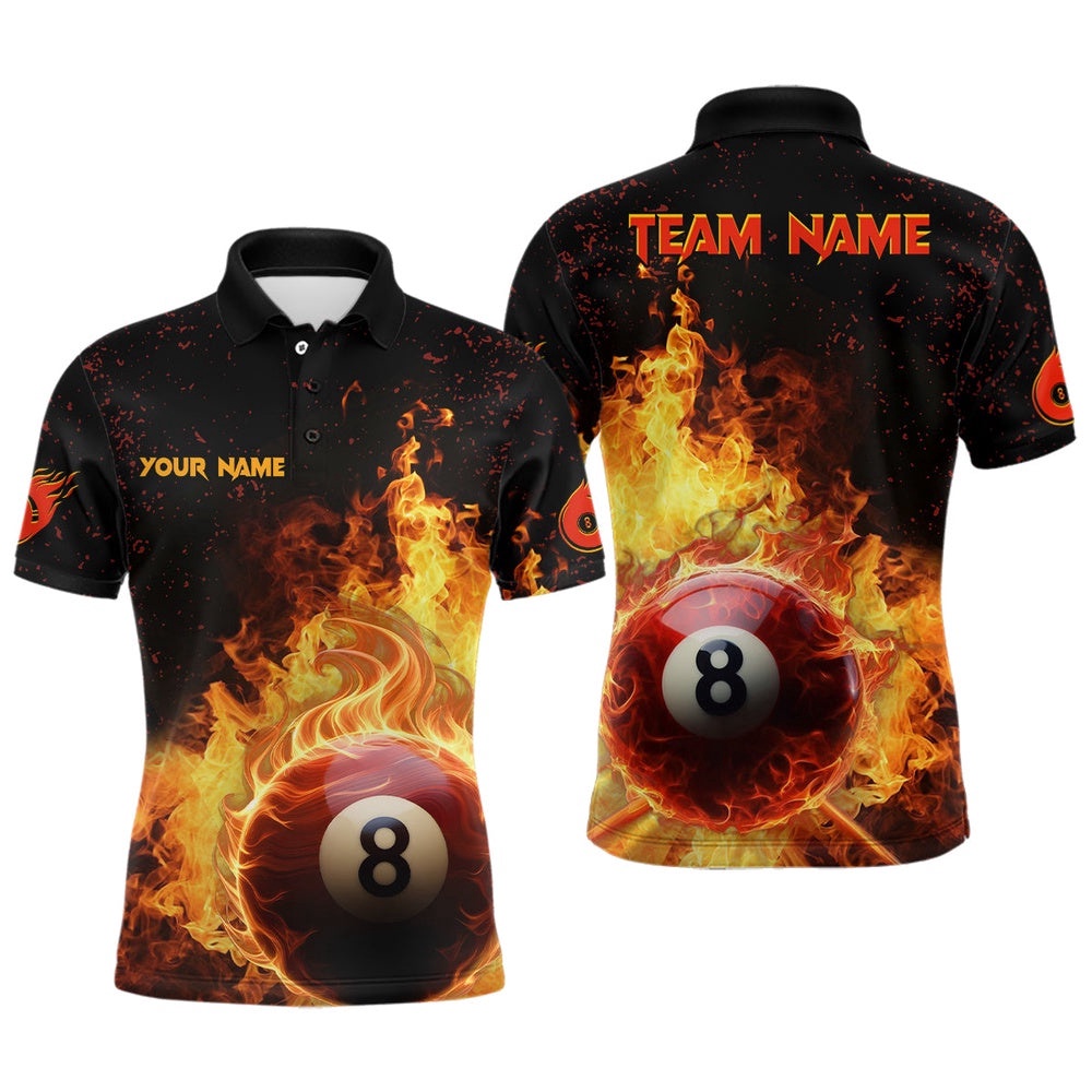 Fire 8 Ball Pool Black Billiard 3D Polo Shirts, Custom Billiard Team Shirts, Personalized Billiard Polo Shirt