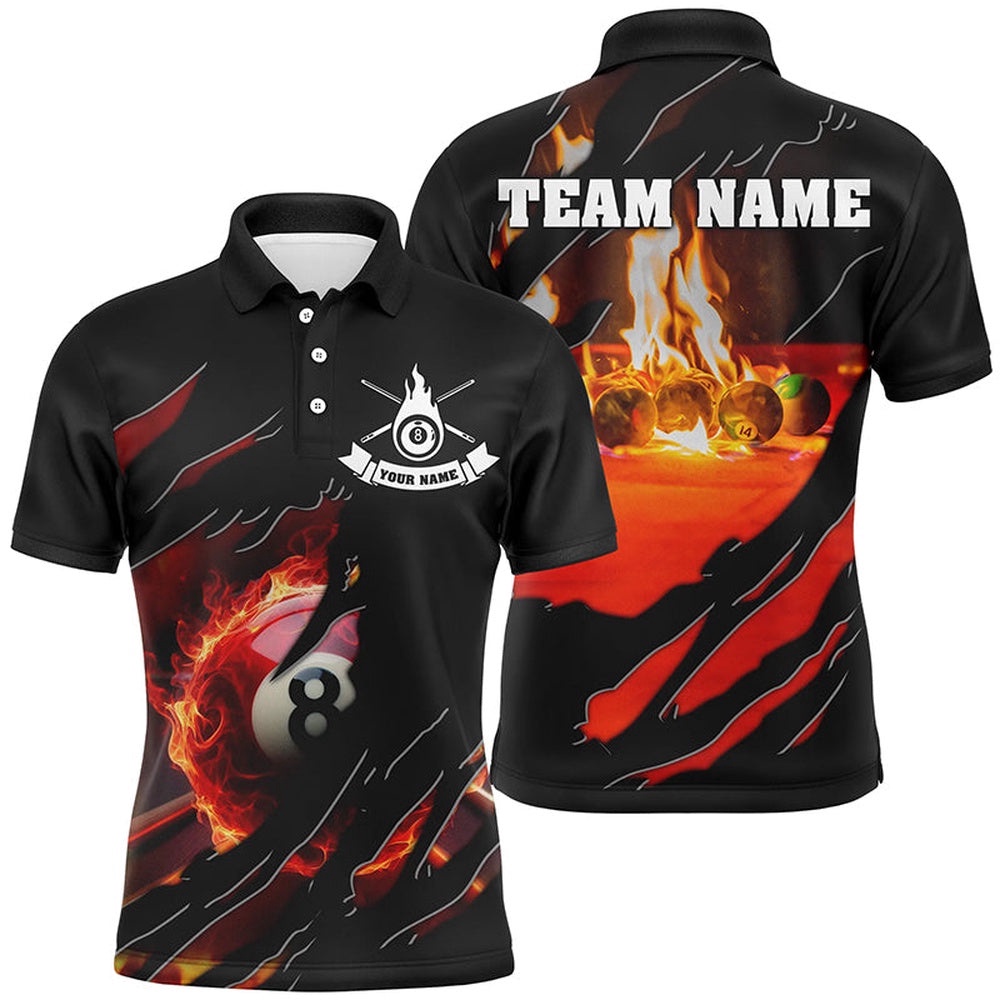 Fire 8 Ball Pool Polo Shirts, Custom 3D Flame Billiard Balls Team Polo, Personalized Billiard Polo Shirt