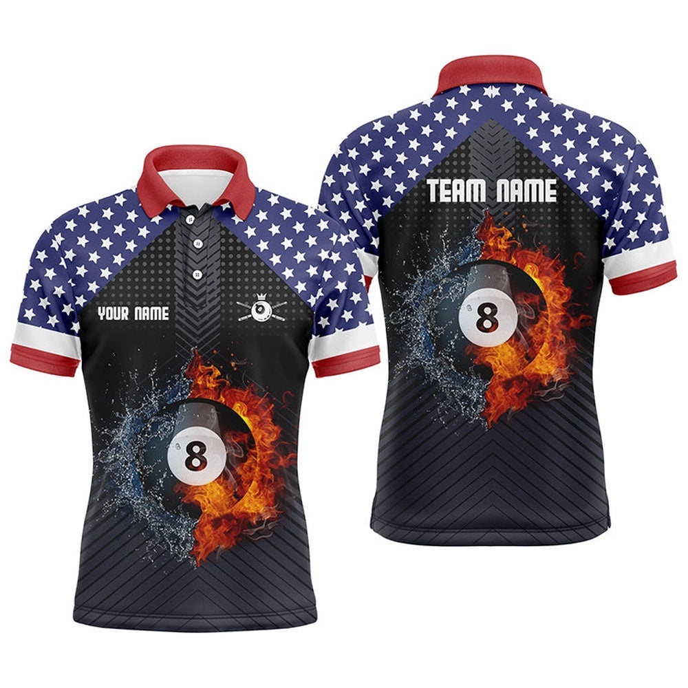 Fire And Water 8 Ball US Flag Custom 8 Ball Pool Polo, Personalized Billiard Polo Shirt