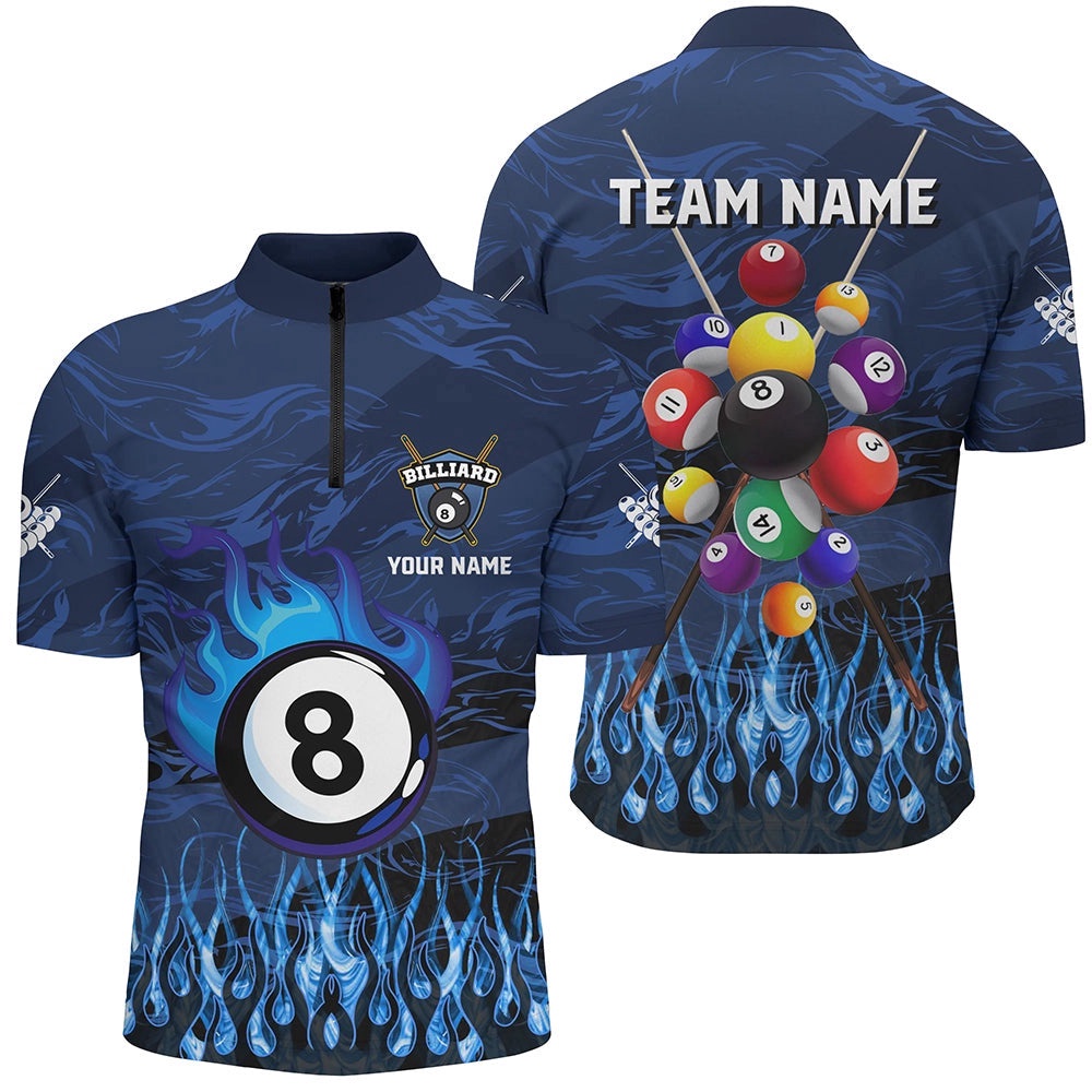 Fire Flame Blue 3D Billiard Balls Jersey Shirt Customized Billiard Jersey Attire, Personalized Billiard Team Jersey Shirt