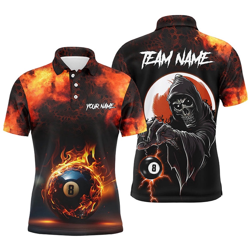 Flame 8 Ball Pool Billiard Polo Shirts Custom Skull Billiard Team Shirts, Personalized Billiard Polo Shirt