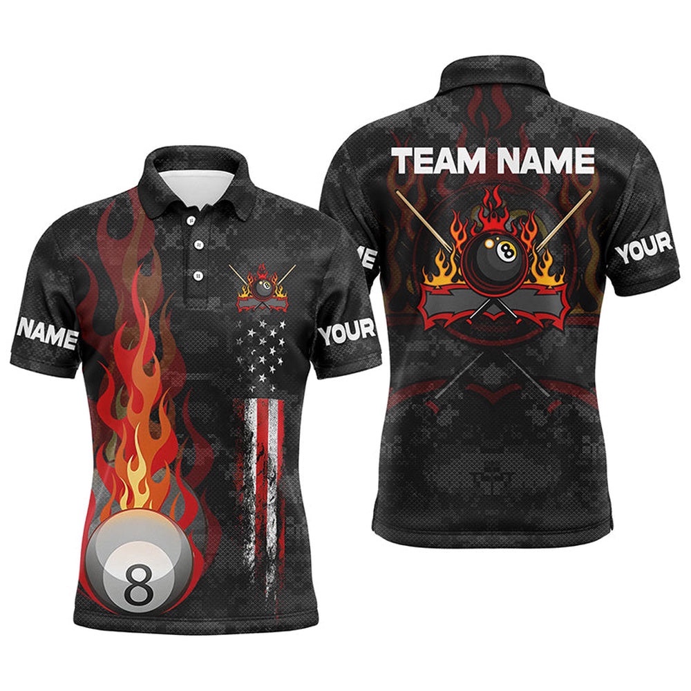Flame 8 Ball Pool US Flag 3D Gift For Pool Players, Personalized Billiard Polo Shirt