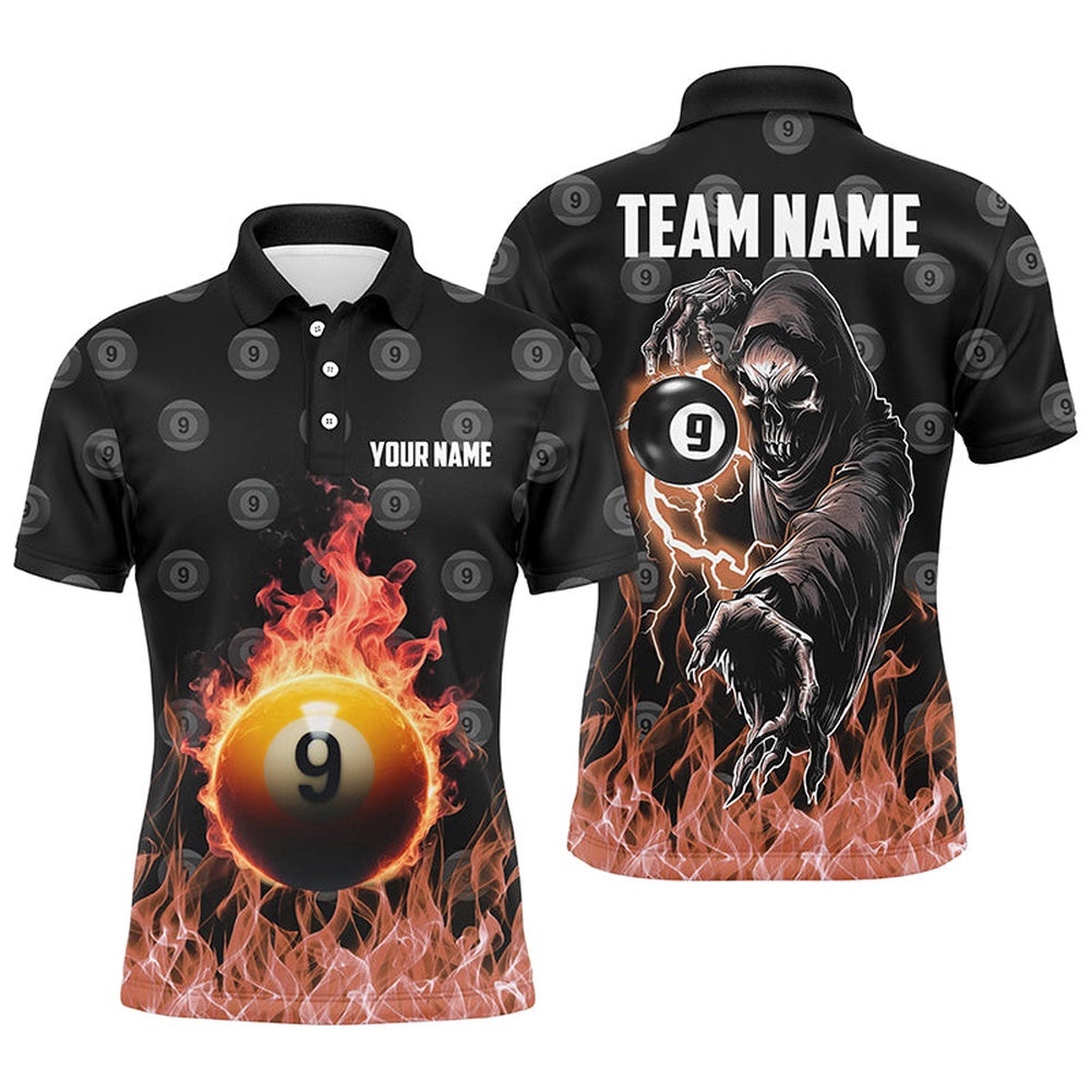 Flame 9 Ball Pool Pattern Billiard Polo Shirts Custom Skull Billiard Shirts, Personalized Billiard Polo Shirt
