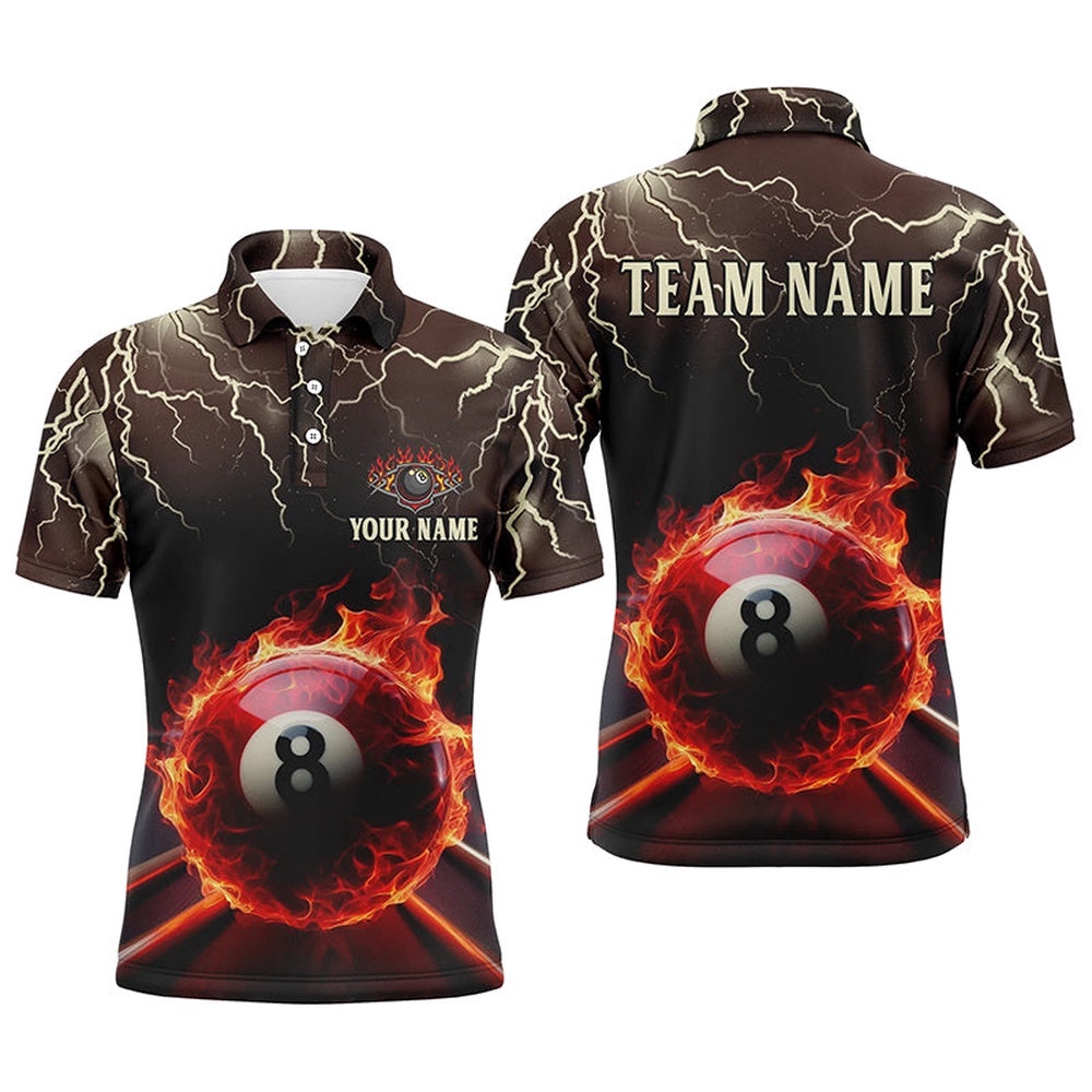 Flame Lightning Ball 8 Billiard’s Polo Shirts Custom Pool Team Uniform Shirts, Personalized Billiard Polo Shirt