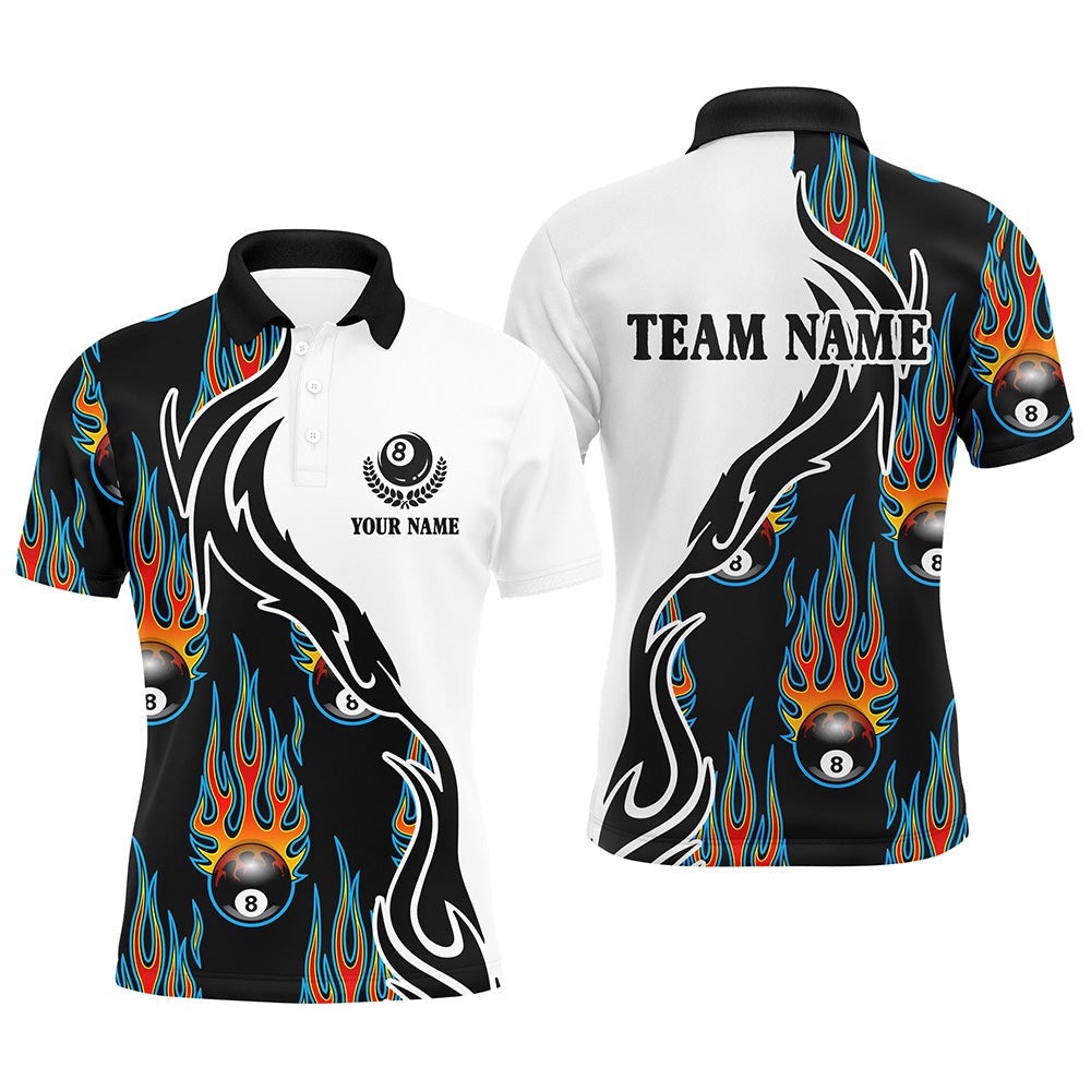 Flaming 8 Ball Billiard Pattern Custom Name Polo Shirts, Custom Basis Design Pool Shirts, Personalized Billiard Polo Shirt