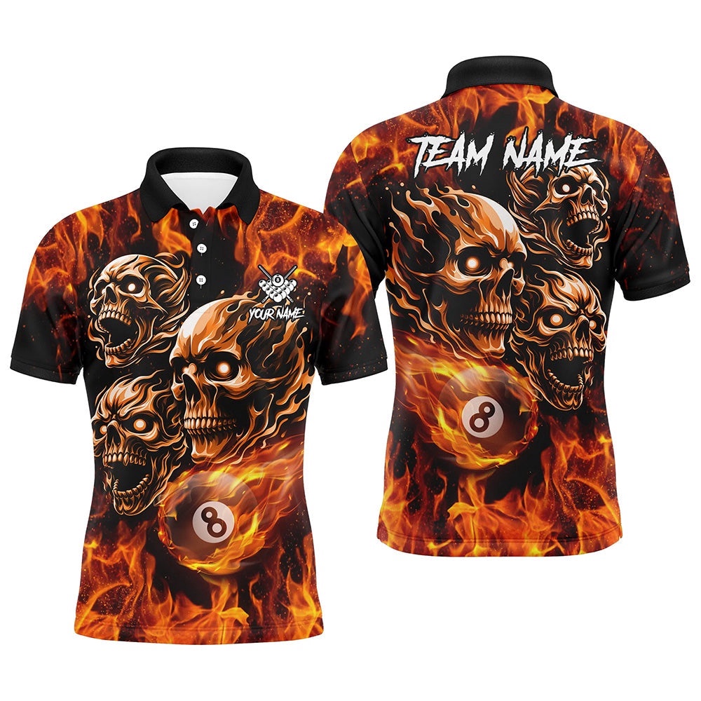 Flaming 8 Ball Pool Custom Skull Billiard Shirts, Team League Billiard Polo, Personalized Billiard Polo Shirt