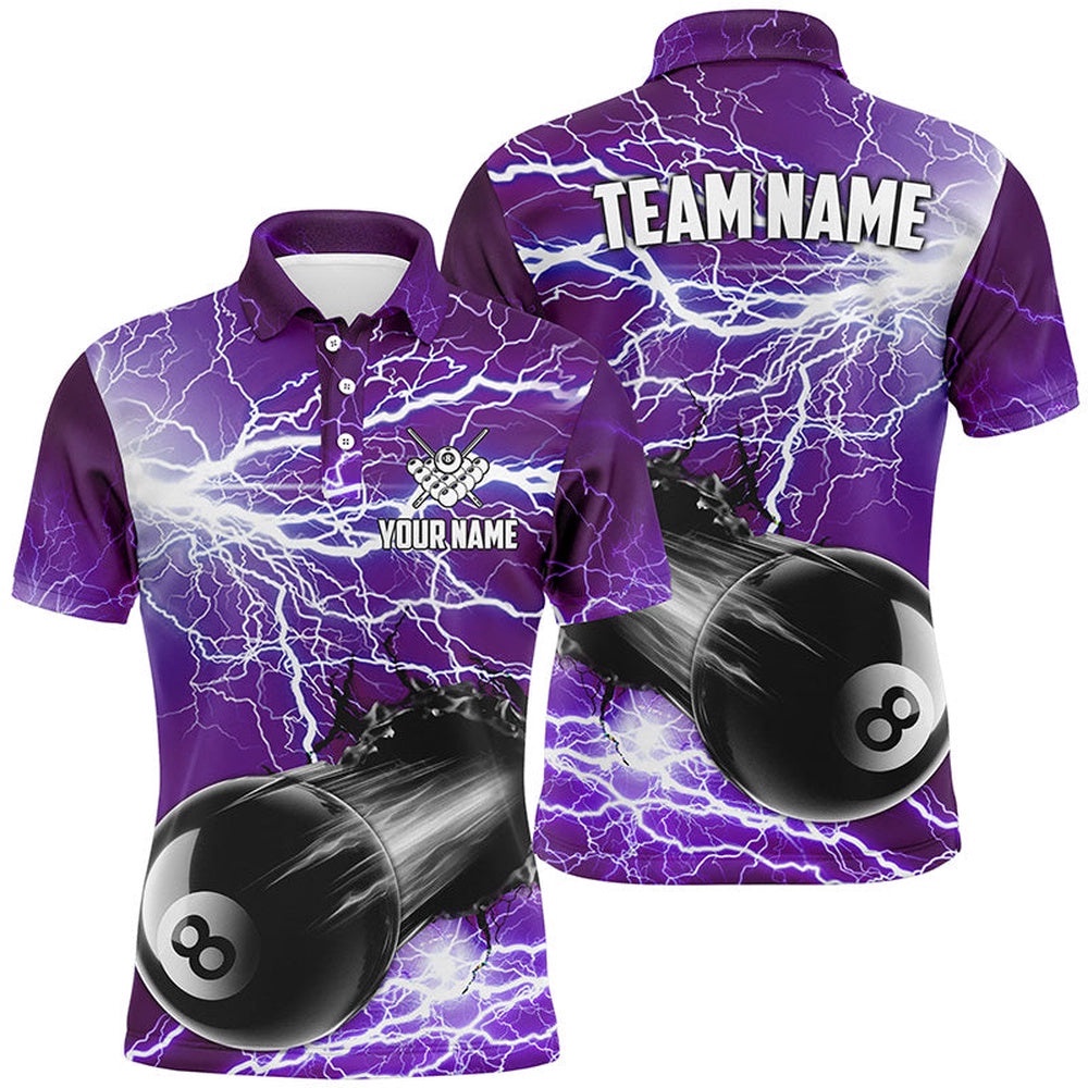 Funny 8 Ball Pool Rush Out Custom Thunder Lightning Purple Polo Shirt Best Billiard Team Shirts, Personalized Billiard Polo Shirt