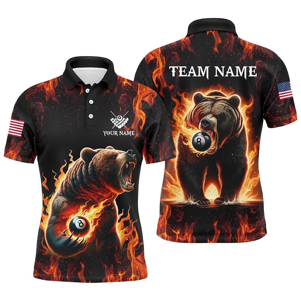 Funny Bear And 8 Ball Pool Fire Flame Unique Billiard Attire, Personalized Billiard Polo Shirt