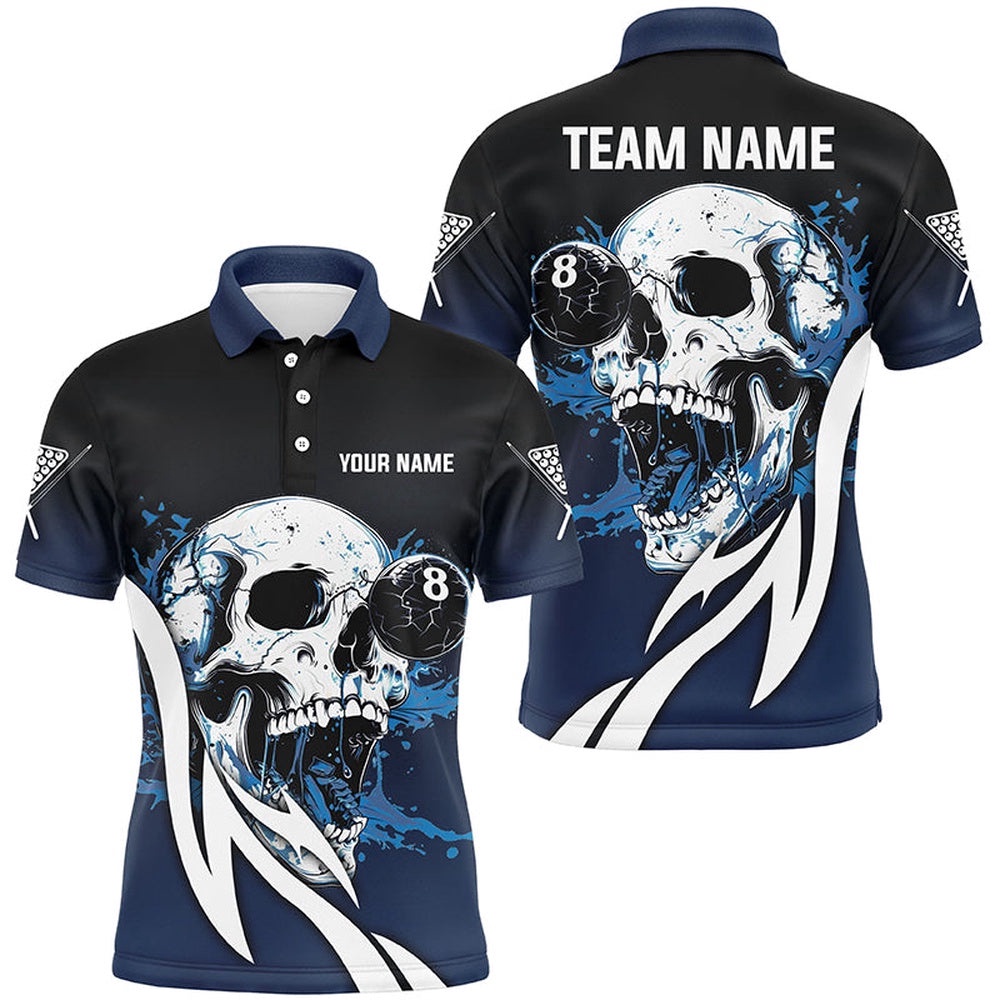 Funny Blue Billiard Skull 8 Ball Pool Custom Polo & Polo Shirts, Billiard Team Polo, Personalized Billiard Polo Shirt