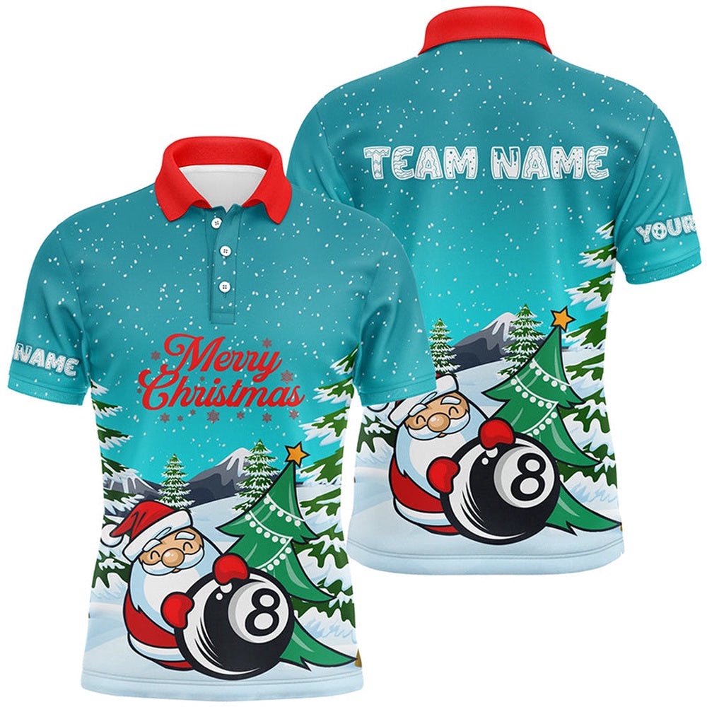 Funny Christmas Santa And 8 Ball Pool Custom Cute Christmas Shirts, Personalized Billiard Polo Shirt