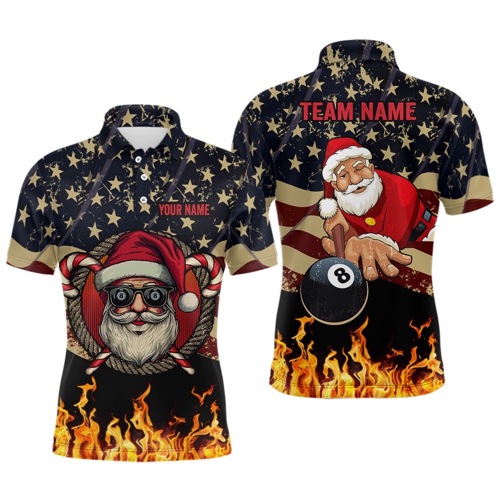 Funny Christmas Santa And Billiard Usa Flag Fire Custom Polo Shirts Patriotic Christmas Shirts, Personalized Billiard Polo Shirt Funny Christmas Santa And Billiard Usa Flag Fire Custom Polo Shirts Patriotic Christmas Shirts, Personalized Billiard Polo Shirt