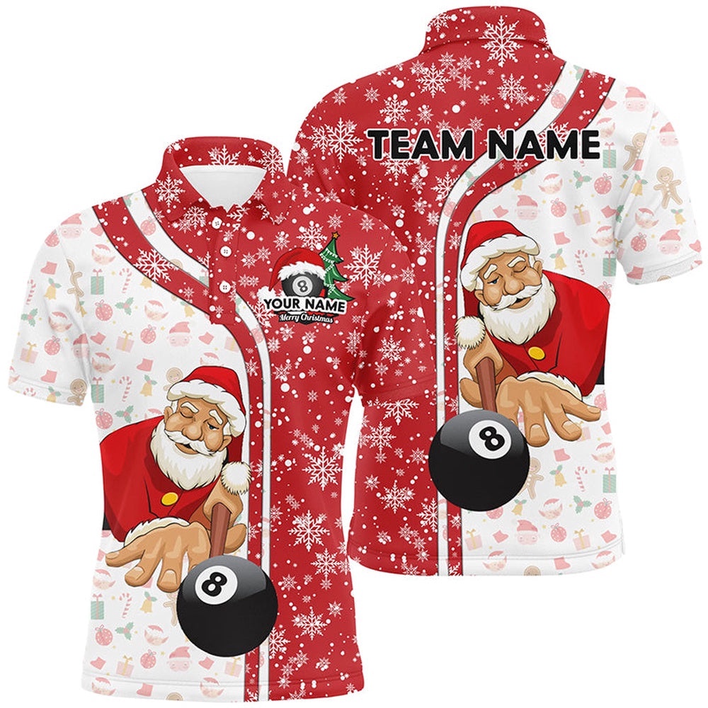 Funny Christmas Santa Play Pool Red Billiard 8 Ball Snowflake Polo Shirts, Personalized Billiard Polo Shirt