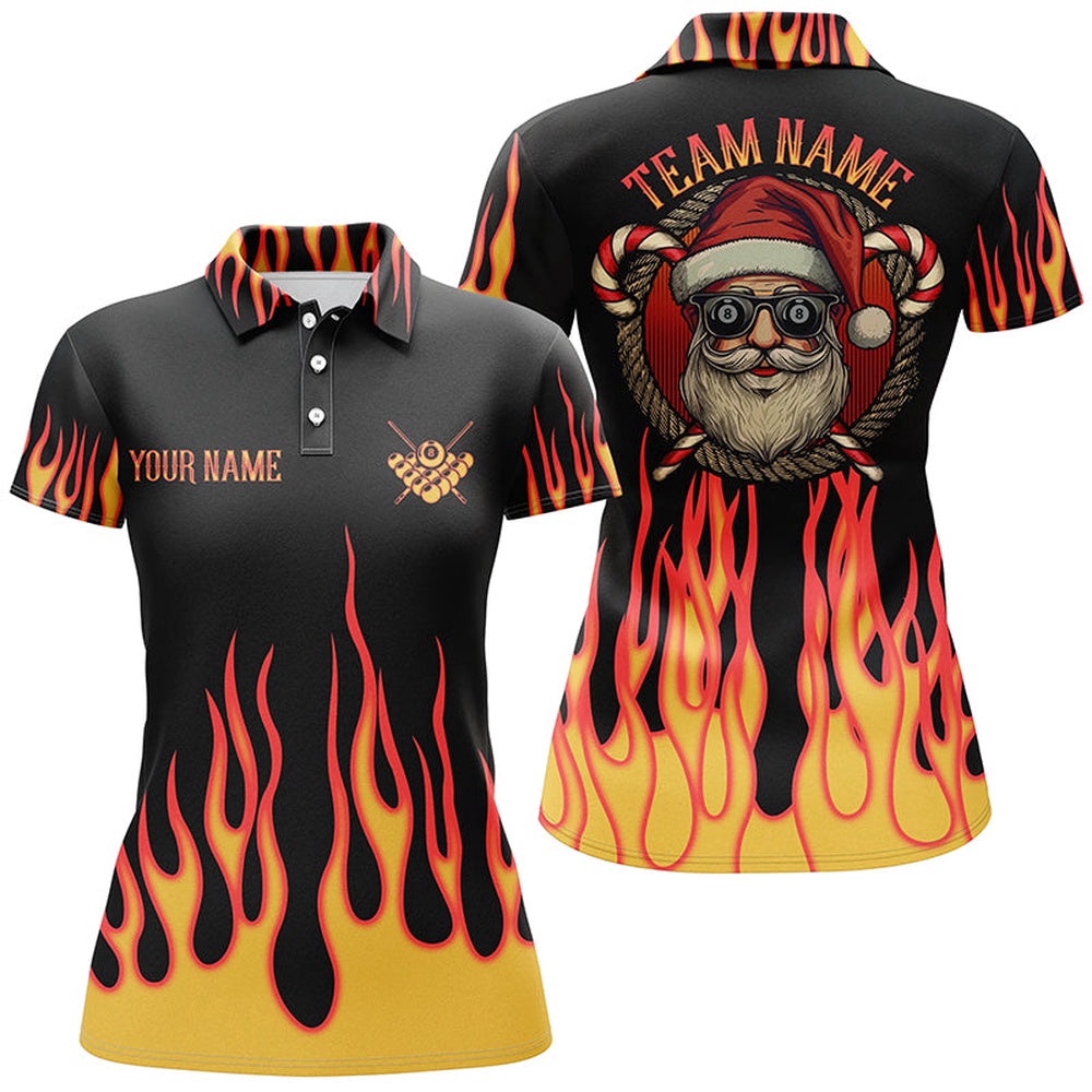 Funny Christmas Santa With Flame Custom Billiard Shirts, 8 Ball Pool Ladies Christmas Polo Shirts, Personalized Billiard Polo Shirt