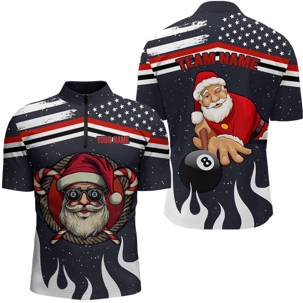 Funny Christmas Shirts Santa Playing Billiard Custom Us Flag Fire Jersey Shirts, Personalized Billiard Team Jersey Shirt