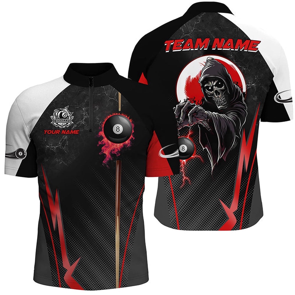 Funny Death Skeleton Ball 8 Fire And Cue Custom Billiard Shirts, Best 8 Ball Pool Jerseysâ Red, Personalized Billiard Team Jersey Shirt