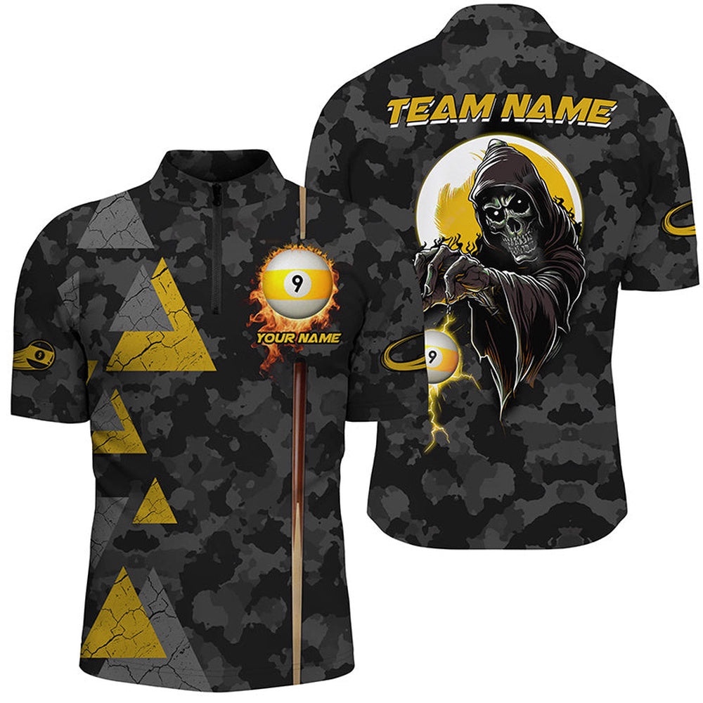 Funny Death Skeleton Ball 9 Fire And Cue Custom Camo Billiard Shirts, Best 9 Ball Pool Jerseys, Personalized Billiard Team Jersey Shirt
