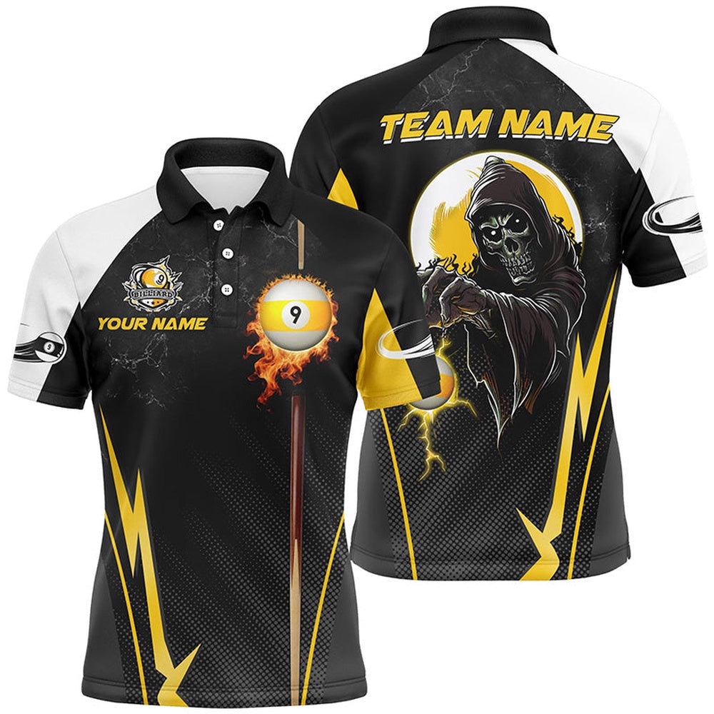 Funny Death Skeleton Billiard Ball 9 Fire And Cue Custom Polo Shirts, Best 9 Ball Pool Polo, Personalized Billiard Polo Shirt