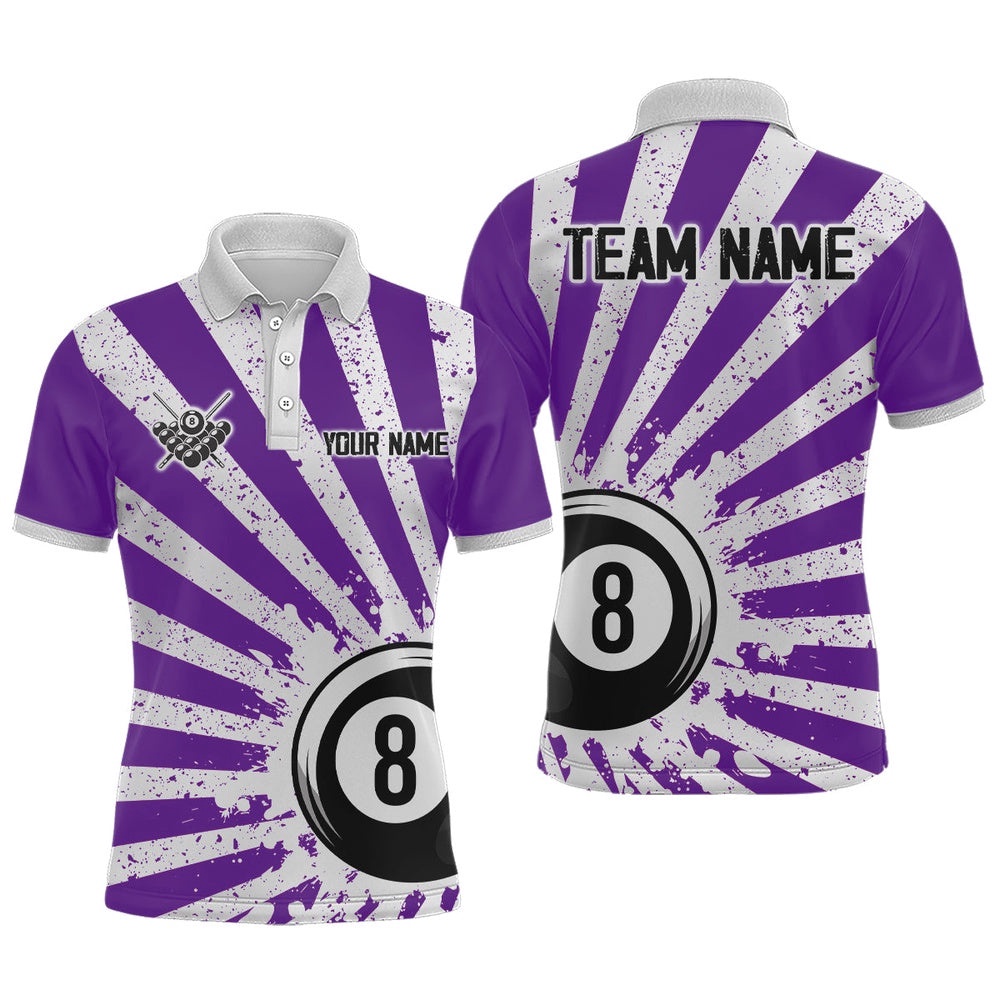 Funny Grunge Billiard 8 Ball Polo & Polo Shirts Custom Purple 8 Ball Pool Polo Attire, Personalized Billiard Polo Shirt