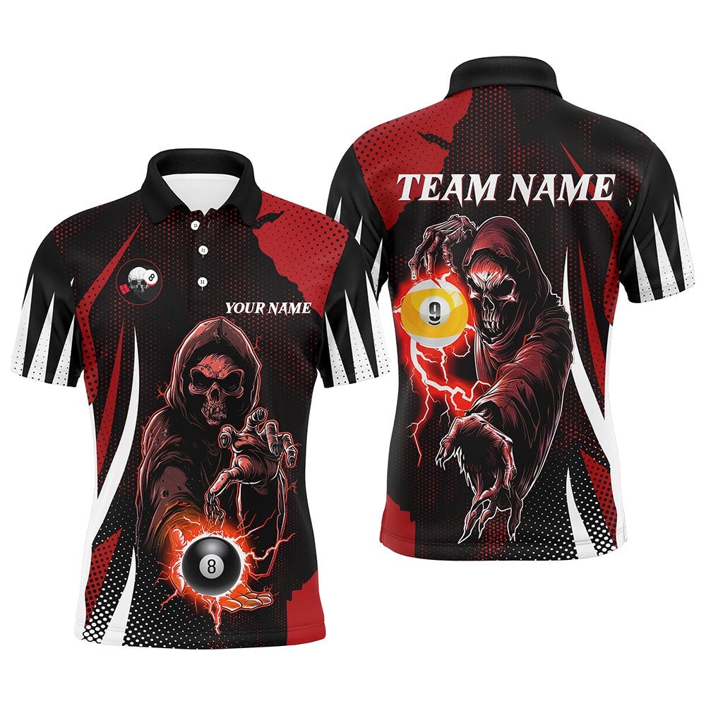 Funny Red Death Skeleton With Billiard 8 Ball & 9 Ball Polo Shirts Custom Billiard Team Polo, Personalized Billiard Polo Shirt
