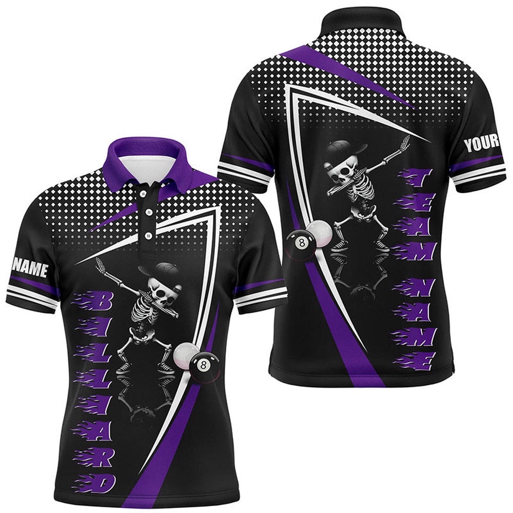 Funny Skeleton Billiard Balls Custom Name 3D Printed Billiard Polo Purple, Personalized Billiard Polo Shirt