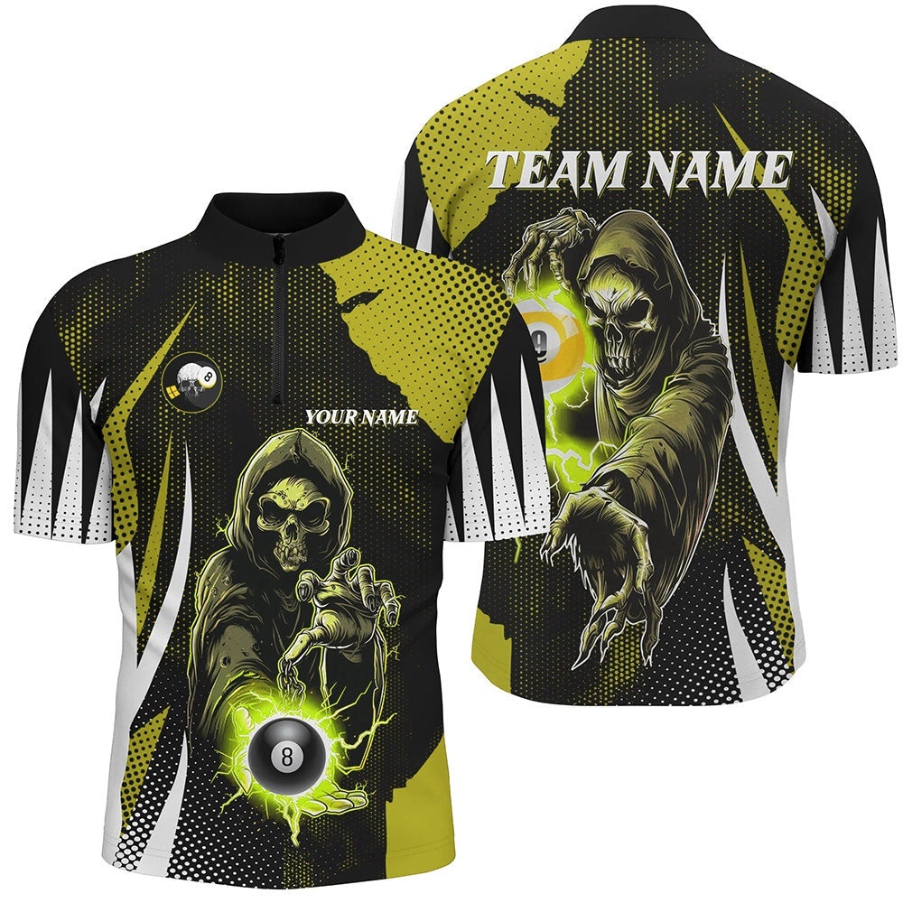 Funny Yellow Death Skeleton With Billiard 8 Ball & 9 Ball Jersey Shirts Custom Billiard Team Jersey, Personalized Billiard Team Jersey Shirt