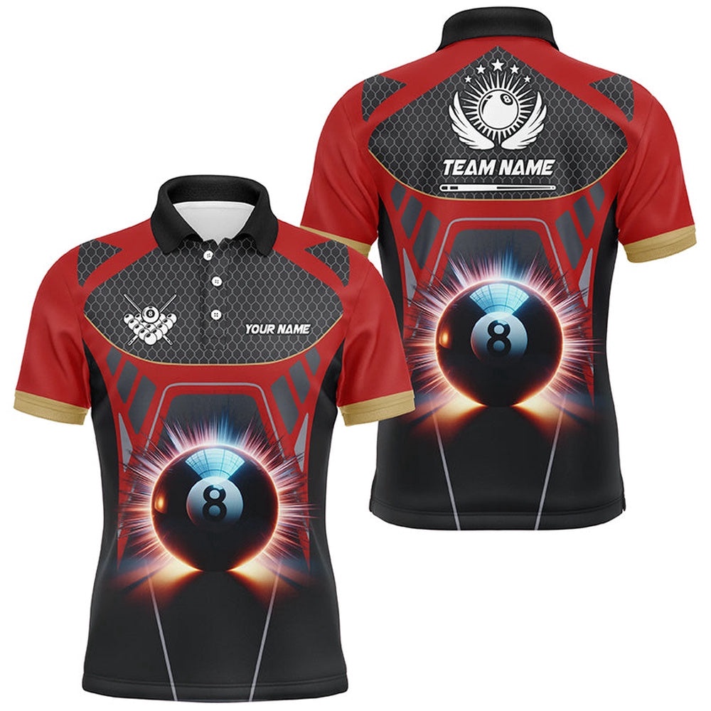 Glowing 8 Ball Pool Billiard Polo Shirts Custom 3D Billiards Sport Polo Red, Personalized Billiard Polo Shirt