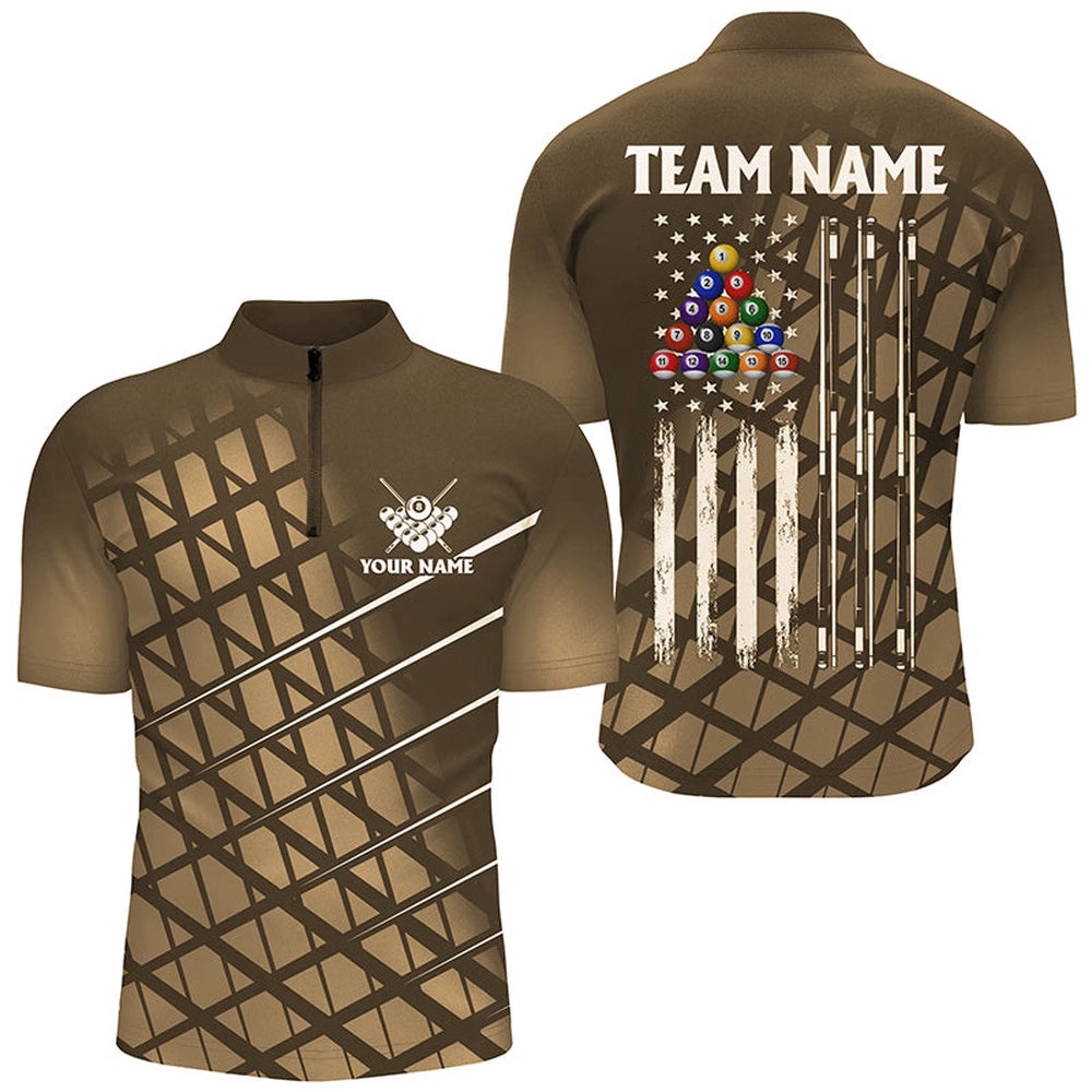 Gold Grunge American Flag Billiard Shirt Custom Patriotic Pool Player Jersey Shirt, Personalized Billiard Team Jersey Shirt