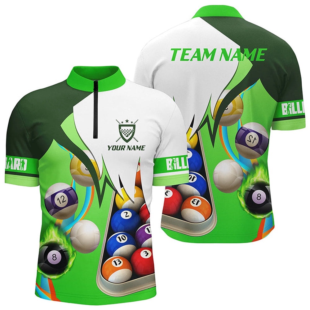 Green 3D Billiard Balls Jersey Shirts, Custom Pool Billiard Team Shirts, Personalized Billiard Team Jersey Shirt