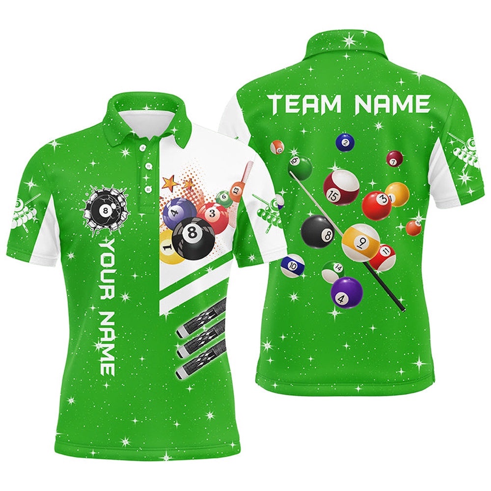 Green 3D Billiard Balls Polo Shirts Custom Name Billiard Team League Polo, Personalized Billiard Polo Shirt